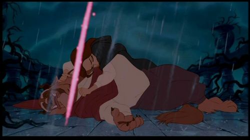  For me it has to be Beauty & the Beast and the scene is where the Beast dies and he says to Belle ‘At least I got to see tu one last time’ and he dies and she has her hands up on her mouth and says ‘No please, please ,please don’t ………..leave ………me……….I amor tu and her tears goes on the Beast and she keeps crying. That scene makes me want to cry my eyes out even though I didn’t cry but it was a very sad emotional scene. Another would be Pocahontas & John Smith biding farewell to one another although that wasn’t sad it was very emotional.