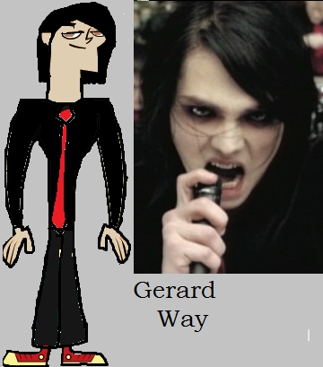  Name: Gerard Way Gender: Male Likes: bats, heavy metal, punk rock, cursing(i'm joking.......maybe* and idk what else he likes Hates: Duncan, Zack Daniels(he's from my book Total HTF Island), and idk what else he hates Enemies: Duncan, Harold, Courtney, Owen, Beth, Eva and Serria(however the heck u spell her nam) Bio: Gerard is the lead singer of My Chemical Romance. He is awesome but he can look evil sometimes and he drinks a lot, and everyone likes him cause he's awesome and famous....but his enemes hate him Pic: (in the right oben, nach oben corner, that's how he looks for real and he has a tie on in the picture)