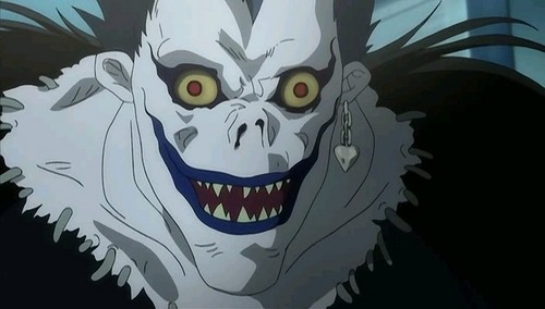  You... can see him? My Shinigami?! Have 你 touced a page from my Death Note? Well, that's Ryuk. He used to follow Light around until he died, so he gave me his Death Note when he got bored in trade for some apples.