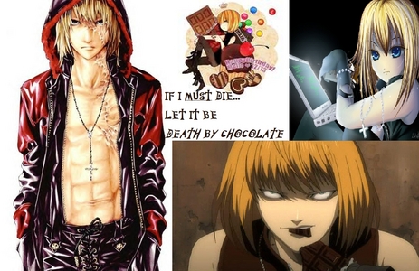  CHOCOLATE!!! and death note... and hot guys...^-^ though...Mello only looks good after the explosion...till then he looks like a girl. XD