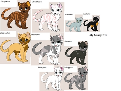  Clan:Midnightclan Gender:She-cat Rank:Leader Mate:Jaycloud Kits:Soulpaw,Mistypaw,Frostpaw Mother:Flowershell Father:Pinefeather Kittypet, または ex-kittypet?:No Rouge, または ex-rouge?:No Loner, または ex-loner?No Fur:Gray and white with darker gray spots Eyes:Gray (rain clouds) Details:Spots go no farther then my knee Name:Moonstar If leader, apprentice, または kit, warrior name:Moonkit,Moonpaw,Moonriver,Moonstar お気に入り prey:Squirrel Story:Born lived and raised in Midnightclan. Have a sister named Cloudflower with two kits Venomkit and Snakekit.I have a mate named Jaycloud and three kits. My sisters mates name is Tigertree. All of my siblings are still alive. But i have a power to hear from many many distances