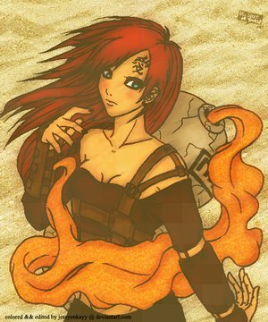 even tho she's not really a character, i've seen pics of a 'gaara's sister (not temari)' who looks just like him but with long hair. (from naruto)
and sakura from naruto has pink hair

'gaara's sister'