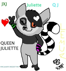  My OC/Fursona is Queen Juliette. She is a ring-tailed lemur with dark gray sidebangs with a white moyo dyed into it. She wears two arm bands one green and one pink. She's a few inches shorter than Julien and has a small indent in her chest/arm marking. ^^