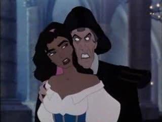  Frollo because he is a disgusting old pervert who lusts after Esmerelda. He even basically admits in his song he wants to bett her ( Not Cool) and tries to kill her when she spits in his face. Not to mention he tried to kill poor Quasy as a baby and he killed quasy's mum. And he also threw The Archdeacon down the stairs.