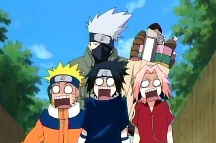 I really like episode 101 when they're trying to see Kakashi's real face XD
Thats gotta be the funniest episode ever! I love it cos it's just so random, and everyone is out of character ^^
And Sasuke smiles and does the peace sign!!! Who wouldn't want to see that?! In fact, all of Sasuke's facials are hillarious in this ep! (see pic below haha)
And the line, 'behind this mask...is another mask! pretty cool huh?' kills me every time XD