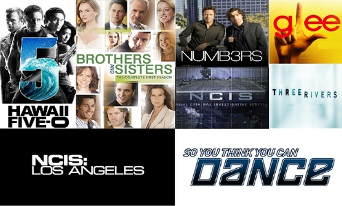 glee ncis Hawaii Five-0 (2010) NUMB3RS Flashpoint NCIS: LA Brothers & Sisters So anda Think anda Can Dance Three Rivers (these aren't in order, and there are others, i'm just not gunna write the others) yeah...i forgot Flashpoint in the pic, but oh well