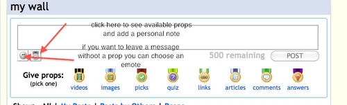  1) go to the users perfil 2) either click "give props" underneath their perfil information or go to their wall. you can also click on one of the prop symbols- many ways lead to rome on this one! 3)click on the grey prop symbol (see image) to open all available props 4) write a personal message 5) choose the appropriate prop and click "post"