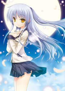 this pic of Kanade Tachibana. (Angel Beats!) I love feathers,angels,moon and white haired anime characters XD