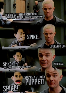 My favorite part would be...in Angel episode Smile Time:
   Spike:''Hey big guy need another car''
   Angel:''Spike''
   Spike:''Look at you''
   Angel:''Spike just turn around and walk away''
   Spike:''You're a''
   Angel:''SPIKE''
   Spike:''YOU'RE A BLOODY PUPPET''
and then they start fighting that was just laugh out loud funny!!:D:D:):)


