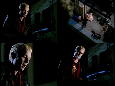 My favourite one is in Angel Season 1, Episode﻿ 3 "In the Dark" when Spike is on the rooftop looking at Angel and Rachel and starts doing voice-overs to their actions:

Spike [Rachel voice]: How can I thank you, you mysterious black-clad hunk of a night-thing?

Spike [Angel voice]: No need, little lady, your tears of grattitude are enough for me. You see I was once a badass vampire, but love and a pesky curse defanged me. No, not the hair! Never the hair!

Spike [Rachel voice]: But there must be some way I can show my appreciation? 

Spike [Angel voice]: No, helping those in need's my job and working up a load of sexual tension and prancing away like a magnificent puff is truely thanks enough. 

Spike [Rachel voice]: I understand. I have a nephew who is gay, so...

Spike [Angel voice]: Say no more. Evil's still afoot. And I'm almost out of that nancy-boy hair-gel I like so much. Quickly, to the Angel-mobile, away. 

http://www.youtube.com/watch?v=43VqGtzpohs