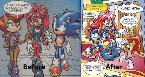  ok Sonic and Sally had two teenage twins, Sonia and Manik. they were sixteen. but Sonic did something to alter the timeline によって mistake, causing Shadow to be the king and married to Sally, resulting in Sonia and Manik not existing. Lara-Su fought off King Shadow and Sonic and Sally reunited. but the timeline couldn't be changed back to its normal state so Sally and Sonic had to get remarried and, once again, have Sonia and Manik. so Lara-Su went from being their best friend to being their babysitter