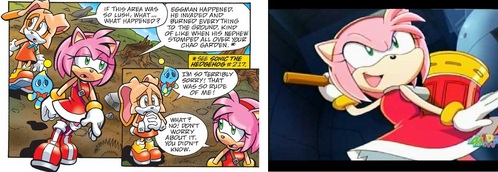  only in Sonic X. she's nice in the comics but she freakin' abuses Knuckles in Sonic X and chases Sonic around like a psycho maniac. that's why i like the comics better because they actually treat the character's with respect and don't make fools out of them like sega does
