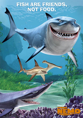 OMG Bruce, Anchor, and Chum! I LOVE them! To me, they're adorable and funny at the same time. I especially love their quote: "Fish are friends, not food!" That's one of my favorite movie quotes of all time!!!! I totally agree with it!!!! I NEVER eat fish!   SAVE THE SHARKS!