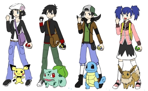 These are Ash and Dawn's Kids (I'll name them from left to right)


Ashley: She 18 the oldest of the four, her parnter in a Pichu. She found him hurt in the woods when she was little, she raised him and once she turned 10 took him as her starter Pokemon.  She's determined, kind, caring, and helpful. It takes a lot to get her mad, but like her mother once you get her mad it's hard to calm her down. Her dream is to become the best Electric type Pokemon trainer. 

Damon: He is 15 the middle child, he is also Zoey's twin. His partner is Bulbasaur, which he named Ivy. He's stubbern, childish, and hot headed. But he also has a kinder side he rarely shows to people other than his twin. His dream is to become a Pokemon Ranger helping and saving Pokemon is danger.

Zoey: She is 15, Damon's twin. Her partner is  Squirtle which she named Bubbles. She's the Tomboy of the family and like Damon can be stubbern, bossy, and childish. She mostly spends her time at the river with Bubbles and her brother. She has two dream in mind, One to be a Pokemon Ranger like her brother does and just like her Aunt Misty to open a Water Type Pokemon Gym.

Nicole: She is 10 years old, the baby of the family. Her partner is Eevee.  When she was on her way to Professer Oaks lab she saw a Pidgey attack an Eevee. She ran to help it, getting the Pidgey away from Eevee. She saw it was hurt and ran it to Professer Oak. He healed Eevee and when he asked her who she wanted as her first Pokemon, Eevee jumped in her arms, trying to say she wanted to go with her and they've been together ever since. People say she is just like her mother. She's kind, sweet, tries to help everyone, and loyal to her friends. She dreams of becoming a Pokemon coordinater just like her mother and grandmother. 