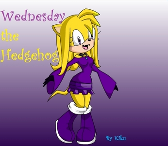 Name: Wednesday Shocker Age: 16 Animal: hedgehog Hair colour: yellow eye colour: purple fav colour: purple Wears: purple dress and purple boots with fav locket from mother Status: single forever (but most boys have crushes on her) Scaring feature: her razor sharp teeth Odd ability: can control electricity Crush: no one (but sorta on shadow but barely) Family: twin bro: Tuesday Shocker little sis: Thursday Shocker