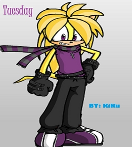  Name: Tuesday Shocker Type: Hedgehog Age: 14 Family: Twin sis: Wednesday Shocker Little sis: Thursday Shocker Scary feature: has sharp teeth just like his twin sis Odd feature: is telepathic status: single (desperate) motto: i think all girls r pretty ;) acts: he acts like hes the oldest even though Wednesdays 5 min. older than him has a dark side does dark magic at nite when sisters r sleepin fav colour: black fav food: anything fast खाना