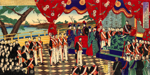  Let me explain, when the Edo era came around, that was the real Renaissance for Japan, not it's midevil years. During the Edo era, जापान started building और and और on it's culture because of the lack of wars, the samurai however had a hard time making money. The Meiji era is Japan's industrial revolution, western countries brought in technology such as trains, clocks, rifles, as well as it's culture. जापान quickly became a world power. Japan's 'midevil' era (Assuming there was one.) would probably have been ether the Azuchi–Momoyama period, या the Muromachi period. (Picture below is a picture from the early meiji era.)