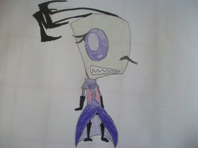  name:Venus gender:female normal of disguised:normal hair/antenna style and color:(hair if disguised, antenna if not)she has medium antennas and their kinda square with points and her whole antenna color is black. outfit style:she has a half jas and her overhemd, shirt is the same as an Irken. outfit color:it is violet purple and purple shoe style/color:their all black but in witch disguised they have gray claws. eye color/extras:(extras include scars,type of eyelashes,eye piercing)her eye color is violet purple,and her eyelashes have three points. any other extras: (bows,hats,necklaces,whatevs)in witch disguise she has a witch hat with eyes on them. background color:(just a color,no places of things like that)its white expression:(i'll choose pose,you choose expression!)normal anything else i should know:nope thats all!