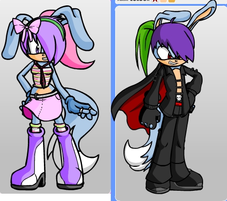 Name: Miley Power
Age: 13
Gender: Female
The other guy #1 (or gal in my part)

Name: Mixy
Age: 13
Gender: Female
The other guy #2 (or gal)

Name: Sugar
Age: 13
Gender: Female
The other guy #3 (or gal)

Name: Raoul
Age: 16
Gender: Male
The other guy #4

Name: Sindra the Rabbox (Rabbit-Fox)
Age: 15
Gender: Female
The brave ones friend

Name: ? the Rabbox
Age: 15
Gender: Male
The killer

Pic is of Sindra and her evil twin bro who I don't know what his name is yet :P