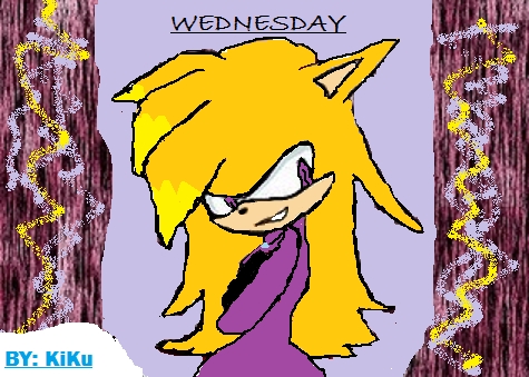  name: Wednesday shocker Type: hedgehog Age: 17 eye color: purple Family: (twin bro) Tuesday shocker power: controls electricity and can see a persons feeling through their eyes adiction: has a twinkie adict hates: mud fav color: purple it dont matter to me wat she is just plz let her b in the story