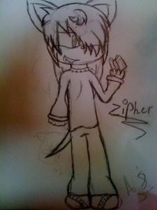 Draw Zipher?

He has black hair and black clothes. :3 and the book is bigger. xD If you can draw him with a scythe, that'd be good. He has white fur. :3