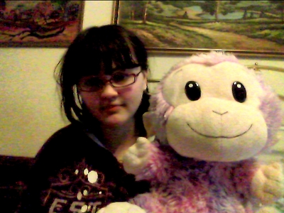  My پروفائل says Im 15 but im 13 and I sleep with this monkey most of the time, He doesn't really have a proper name he's just "Pink and purple monkey".