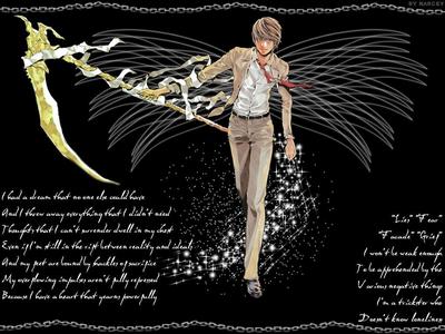  te can't really see it, but the words on the picture is the lyrics to the Death Note theme song. There are sparkles coming out of Light's hand :D