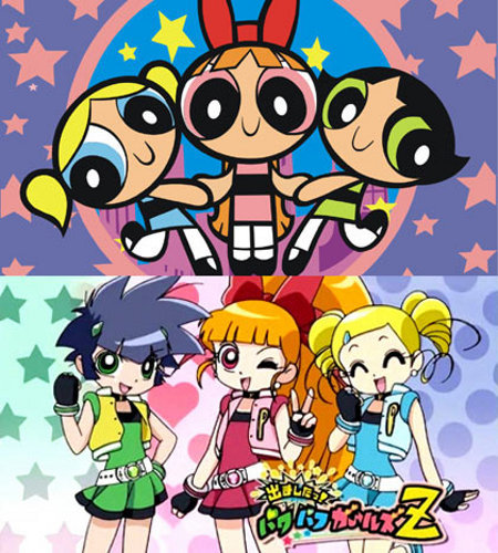  PPG-About 3 little girls who were created por sugar,spice,and everything nice including Chemical X.With their super powers,they protect the city of Townsville.Their names are Blossom,Bubbles,and Buttercup. PPGZ-Normal middle school girls who got hit with light beams from the Chemical Z.Momoko as Blossom,Miyako as Bubbles and Kaoru as Buttercup.They protect the city of New Townsville as a team with their weapons,a yo-yo,bubble blower and a hammer.