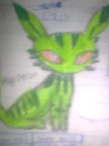  Name:Poyseon Type:Poison Moves:poison tail, iron tail, sting shot, mega bite, venom impact and body venom. Weakness:ghost and speed types. Evolution:eevee evolves after being bitten kwa a poison type. Location:tiaga forest Description:flourine green, glaceon-like tail, red eyes and dark green spikes.