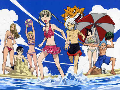 This is my entry! Kid-kun making sure his castle is perfectly summetrical, Black Star showing off, sun laughing in the background, your typical beach day with the SE gang.