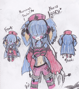  Name: Nurse Igaru Species: Doll Bunny Age: Ageless/unknow प्रिय Color: गुलाबी Relationship: No one Likes: Music, working in hospital, cutting human parts & sew them back, her chainsaw, Dr Kazuki & talking ALOT (she never stop talking, when she start it)~! >3< Dislikes: 'normal' patients (she is special to help supernaturals) Hobbies: Nurse ( Happy 'Carnival' Hospital's) Art belogs to; (c) Me 83
