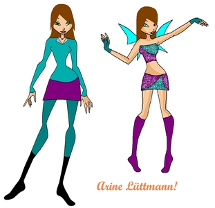  Name: Irine Lüttmann Age: 17 Powers: Moods and Metamorphosis fuente of power: a collar Transformation: normal winx History: She discovered her mood powers when she was 10 years old. She could control moods and make everyone around her change of emotion easily. However, when she turned 12 she discovered other kind of powers. Metamorphosis powers. With those powers she can change her look whenever and however she likes. She wanted to know más about her powers so she started to read lots of books. There she got her bookworm personality. She loves to learn new stuff and she is a Know-it-all. Her brother was really excited about her powers but her sister got jealouse of her metamorphosis powers and so they both fought and never talked to eachother again. When she turned of age she decided to go to Alfea to learn how to control her powers better. Status: princess inicial planet: Pasako, moods planet Looks: chocolate brown hair that reaches her shoulders. bright green eyes and pale skin. her hair changes of color with her emotions. For example, if she is mad her hair turns red. if she is in amor her hair turns rosado, rosa and so on. Looks in Fairy form: A purple and aqua top. Her falda is purple and aqua too. She has aqua short gloves and long purple boots that reaches her knees. Pictures in normal girl and transformation:
