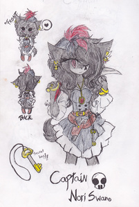 Name: Captain Nori Swan
Age: 17 
Animal: Wolf
Powers: None, rlly
Weaponds; Pirate sword & Gun~ 
Short Story: She had been all her life living whit pirates. But when she turned at 15, she escapet at home, and start working whit Guarders. She is Guarder's 'Key Keeper',so she keeps ebvery secrets and doors closed whit one key.  
Any extra things: Flirty whit boys, funny, laughs alot & loves everything shiny. 

Art; (c) Me~