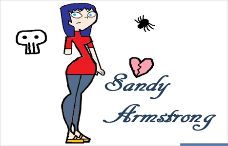  Name:Sandy Armstrong Age:16 Personality: Grumpy and Sad Bio: Sandy was born in Boltimore, and then moved to Vegas when she was 6 months old. When she was 3 her dad was drunck driving with her in the car, and they crashed. Her arm was so damaged they had to chop it of. After that she hasn't been a very happy girl. She has never had many friends, and when she was in middle school up to the middle of high shool she had no friends. When she was in middle school she was really upset because of lots of things so she dyed her hair BLUE! She is an only child and lives with her mother because after the drunck driving thing her dad went to prison. Powers,abilities ect: Can shape shift. Fears: To wake up one 日 and be blind.