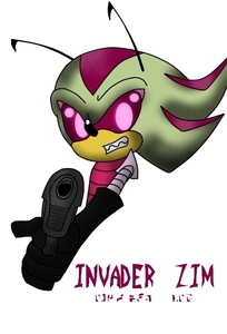 Name: Invader Zim the Hedgehog
Species: Alien disguised as hedgehog
Age: 16
Powers: Chaos Control, Chaos Blast, Chaos Spear, Super Zim, Hyper Zim, Dark Zim, Infinite Zim, MMA Fighting, Advanced Weaponary
Backstory: He was born on planet Irk. On planet Irk he is 160 years old. He destroyed planet Earth. He came to Mobius disguised as a hedgehog in attempt to destroy it. SPOILER: He starts out evil then his attempts to destroy Mobius fail. He becomes like Shadow, not evil, but not a complete hero. He made his own team called Team Invasion. Team Invasion cnsists of 3 people: Zim, Tak, and Gir. They eventually become regular Mobians. In this picture he is seen without his fake ears and contacts. His fake ears are like every other hedgehog. So are his eyes. If he can join this team, he can be in 2 teams! EPIC.
Picture by MephilesTheDark