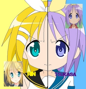  Kagamine rin and Hiiragi tsukasa. Vocaloid and Lucky 星, つ星 . I know vocaloid is not an anime. But the drawing are called アニメ too right? ANd they have alot of PV(its like a short video)
