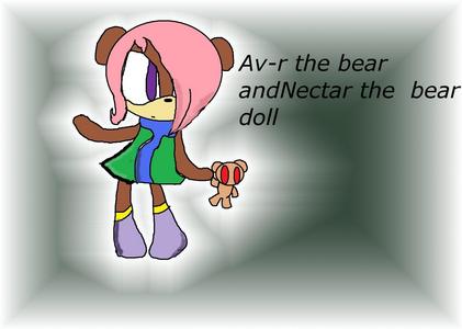 Name Av-r the bear
Age;5
Power;none
Bckstory;She was born in the woods with noone to play with so she made her teddy bear and ever since if she can't find it she will cry
Likes;To play and her teddybear and Cobi the vocaloid mongoose(Danniwolf's character)
Dislikes;being scared and doing boring stuff

