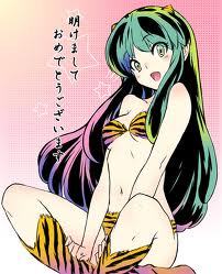  how bout lum from urusei yatsura. this is her normal look but i thing its a tiger skin bikini.