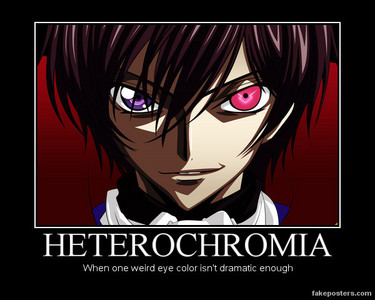  [b]Heterochromia[/b] - Eyes with different colors. For example, when one eye is green and the other eye is red. Check out: http://www.zerochan.net/Heterochromia http://www.minitokyo.net/Heterochromia