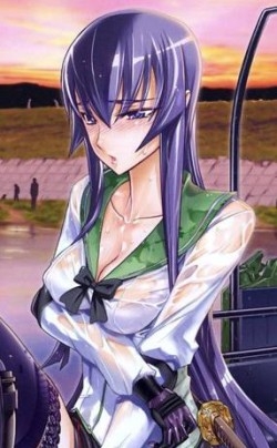 I don't really have a crush on any anime characters, but if I had to pick one. Saeko's my kind of girl. She's pretty and she kicks ass. Yeah she has a twisted side, but don't we all!?! I just think it's kinda funny that I'm the first guy to actually put an answer down. LOL. XD