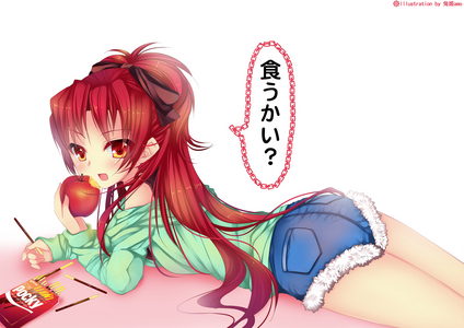 Kyouko-chan with her beloved Pocky and apples. She never goes anywhere without a box of pocky.