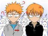  ichigo because hes funny and awsome. my image shows kyo too its the only one i have that ichigos in...