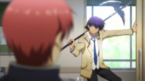  Node from Angel Beats and his whatever that is XD He just swings it around and cuts people (trys) at least. He threw it before to.