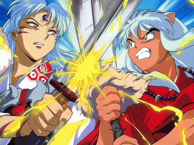  Both InuYasha and sesshomaru have white hair. but shesshys has kind of a blue to it so it blue/white