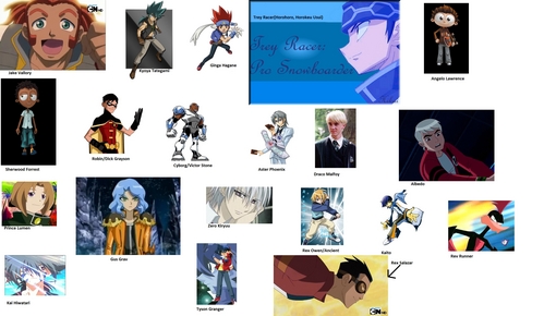  Jake Vallory from Bakugan Kyoya Tategami from बेब्लेड Metal Fusion Ginga Hagane from बेब्लेड Metal Fusion Trey Racer(Horohoro, Horokeu Usui) from Shaman King Angelo Lawrence from Angelo Rules Sherwood Forrest from Angelo Rules Robin/Dick Grayson from Young Justice Cyborg from Teen Titans एस्टर, aster Phoenix from Yu-Gi-Oh GX Draco Malfoy from Harry Potter Albedo from Ben 10 Alien Force Prince Lumen from मकड़ी Riders Gus Grav from Bakugan Zero Kiryu from Vampire Knight Rex Owen from Dinosaur King Kaito from Vocaloid Rev Runner from Loonatics Unleashed Kai Hiwatari from Beyblade(V-Force and G-Revolution) Tyson Granger from Beyblade(V-Force and G-Revolution) Rex Salazar from Generator Rex