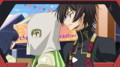  this is from Code Geass when C.C. was walking around the school campus, but no one is supposed to know its her (for various reasons) so Lelouch just throws a paper bag over her head! LOLz