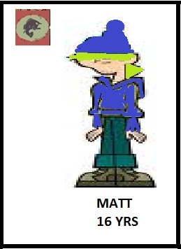 NAME:MATT
AGE:16
BIO:HE IS VERY COOL HAS A HUGE CRUSH ON GWEN AND LOVES TOAL DRAMA ISLAND AND HATES HAROLD
PERSONALITY:HARD ROCK SORT OF GOTH
CRUSH:GWEN,COURTNEY
ENIMIES:HAROLD