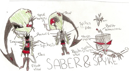  Name: Saberia, Saber for short Species: Irken Age: 13 in Irken years Audition: Yo, I'm Saber! And I will eat 你 all because 你 taste good! Bio: http://www.fanpop.com/spots/invader-zim-fancharacters/articles/62479/title/invader-saber-fanfic-entire-story Likes: -Blood -Eating -Screams -Deadness -Killing -Torturing JB -Torturing voodoo 玩偶 -Darkness -Sleeping Dislikes: -JB -Pink -Girly girls -Water -Fire Crush/Dating: Oren Greatest Fear: 火, 消防 Strengths: -Incredible survival skills -Can eat anything Special abilities: -Toxic, black blood and saliva -Sharp clawed hands and feet -Poison-tipped tongue and antennaes -Huge fangs -Can run up to 90MPH on four legs Weaknesses: -Fire -Water -Pink Friends: All the peeps in the club |D Enemies: No one, really... Creator's Notes: Crazy chick. Quotes: -"What's the point of living if 你 know I'll kill and eat 你 someday anyways?" -"I'm gonna eet yoo!" SIR: Spyke SIR's Bio: None SIR's personality: Uncaring, sarcastic SIR's special abilities: -Huge claws -FM and XM radio and iPod in antennae -Huge fangs