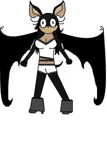  Please! Rocha the Bat, I really need some good pictures of her for the stories I'm writing. I only have a shitty paint program on my laptop so this is the best i could do there. Name: Rocha the Bat Gender: Female Age: 15 Colour: Silvery-black vacht, bont with a white streak down her back. She has tan coloured skin and black wings. Her wings are an unusual shape and she has grey eyes. She wears a white tube-top with a grey strap around the bottom and a pair of short white shorts with a grey riem and grey straps around the legs. She doesn't wear any gloves but there are long grey straps wrapped around her wrists. She wears high-heeled boots with the tops cuffed down therefore almost covering her whole boots and the silver rings that sit just above her ankles. here's the crappy pic, though i did hand-draw a better pic.