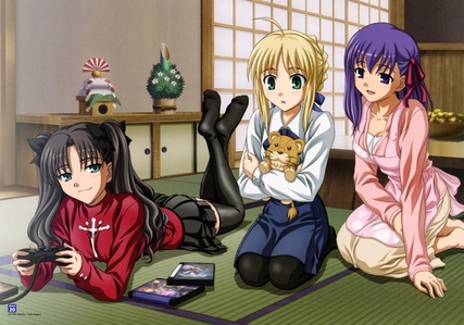  try fate/stay night, it has a lot of cute girl's specially saber, plus the story is great so what can आप say well other than fate there's clannad try it then spice and भेड़िया ,love hina,ah my goddess ,tengo tenge and full metal panic, द्वारा the way here's a pic of my प्रिय ऐनीमे fate/stay night.